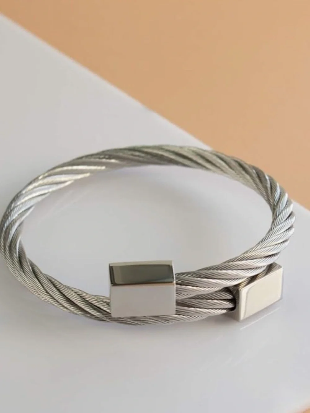 Silver Cable Cuff Bracelet with Pearl End Caps - Silver